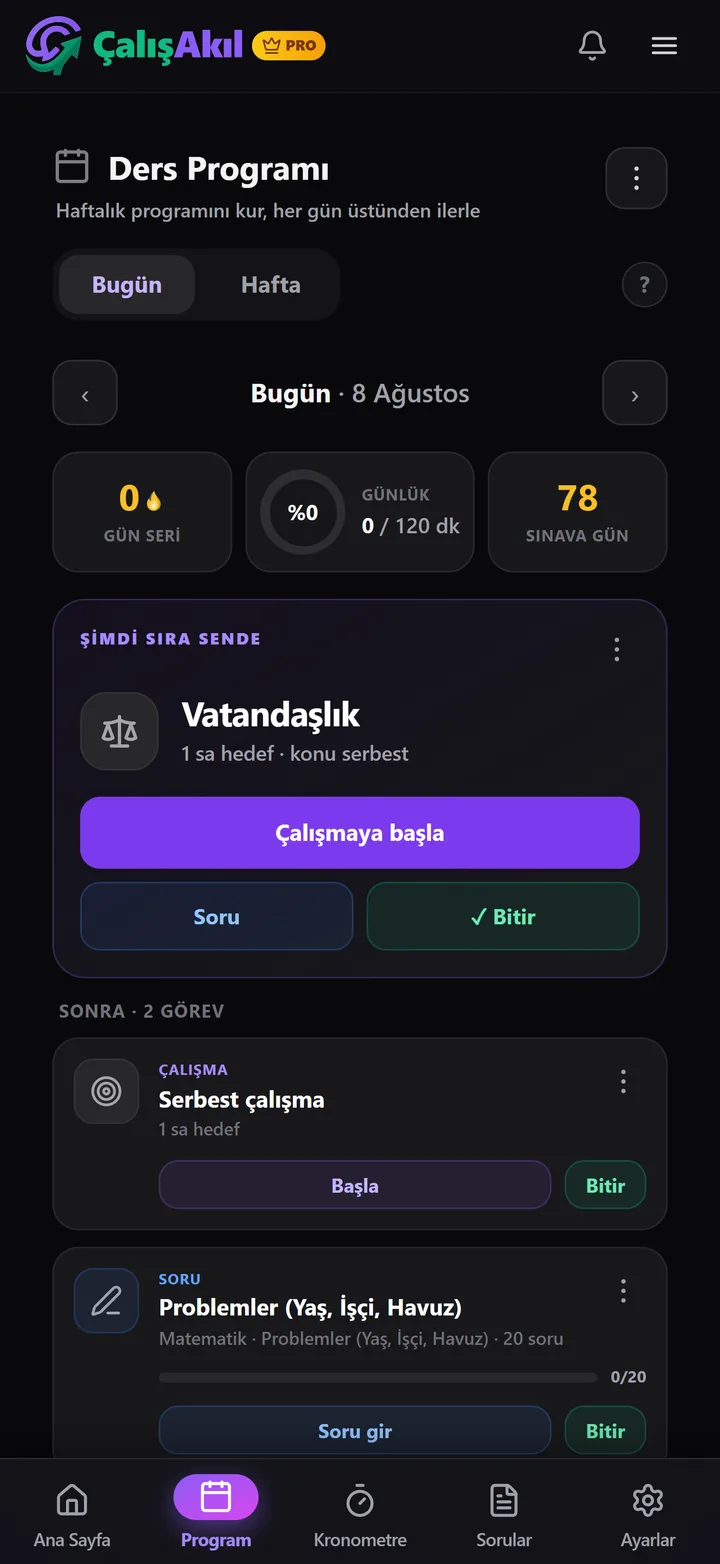 Ders programı ekranı